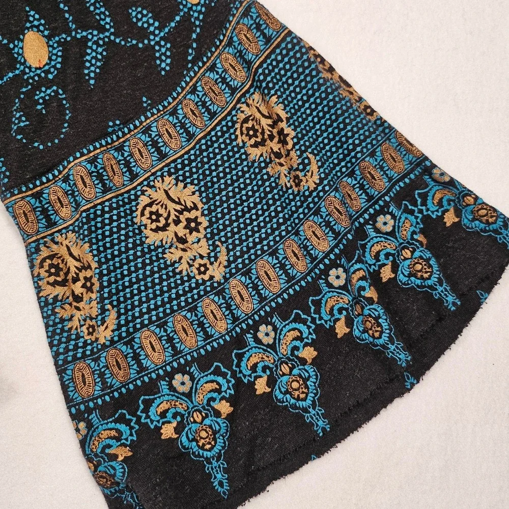 Free People Womens Boho Paisley Border Print V-Neck Linen Blend Top Black Medium